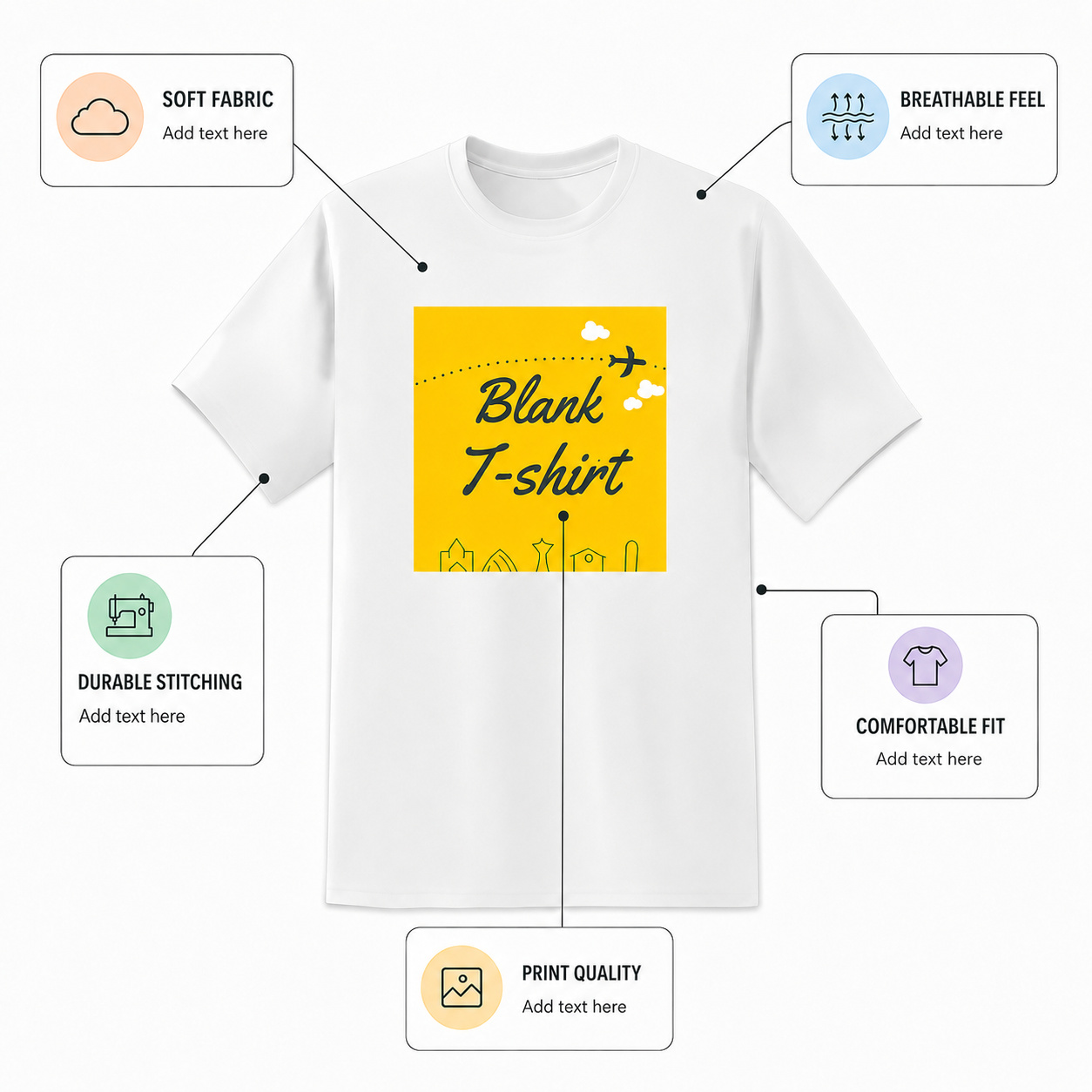 Feature Highlight Infographic result for the same T-shirt, created using ListingReady while preserving the original colour, print, stitching, collar and proportions.