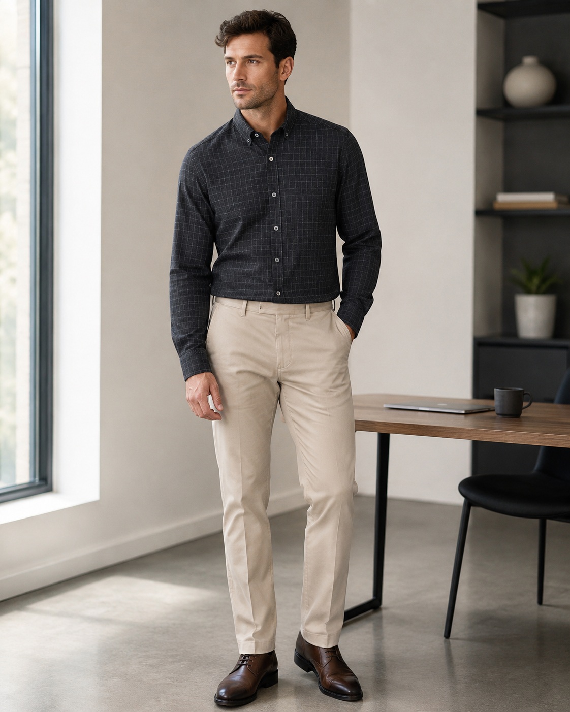 Styled outfit image featuring the same shirt as the hero product, created using ListingReady while preserving the original colour, pattern, collar, buttons, sleeves, cuffs and proportions.
