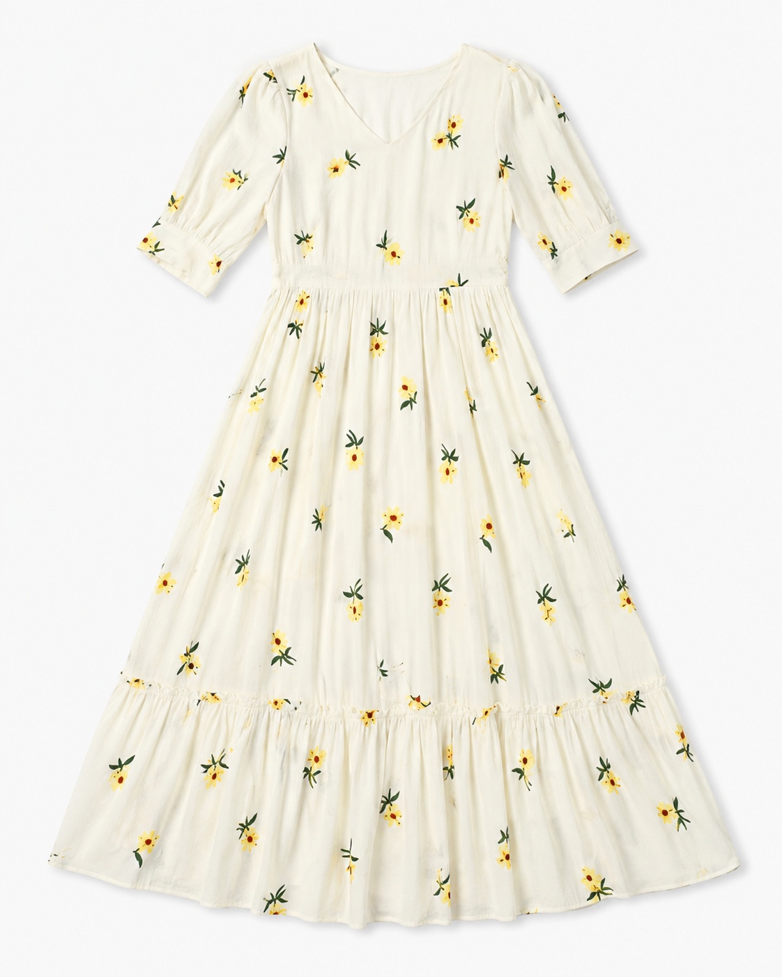 Top-down flat lay image of the same dress, created using ListingReady with the full product visible and the original colour, print, neckline, waistline, hemline and proportions preserved.