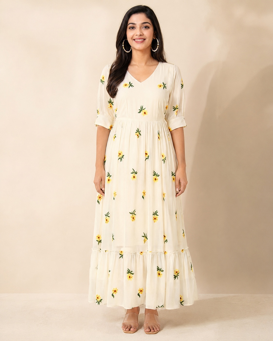 Fit-and-length demonstration image of the same dress on a model, created using ListingReady while preserving the original design and proportions.