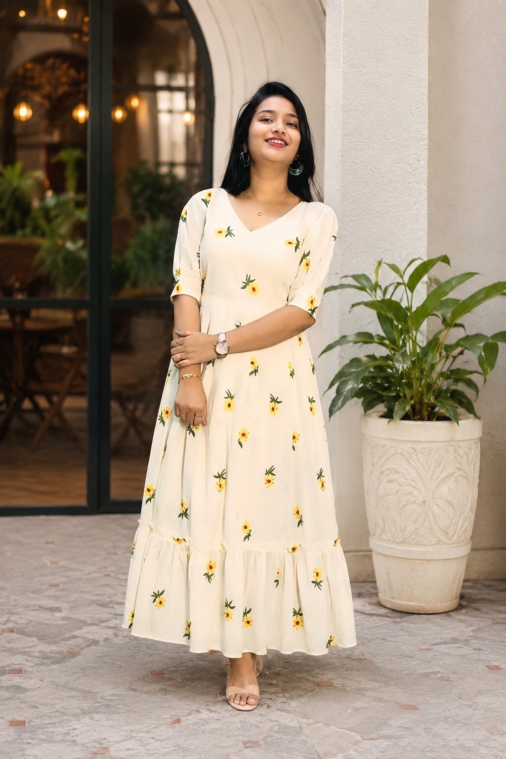 Styled outfit image featuring the same dress as the hero product, created using ListingReady while preserving the original colour, print, neckline, waistline, hemline and proportions.