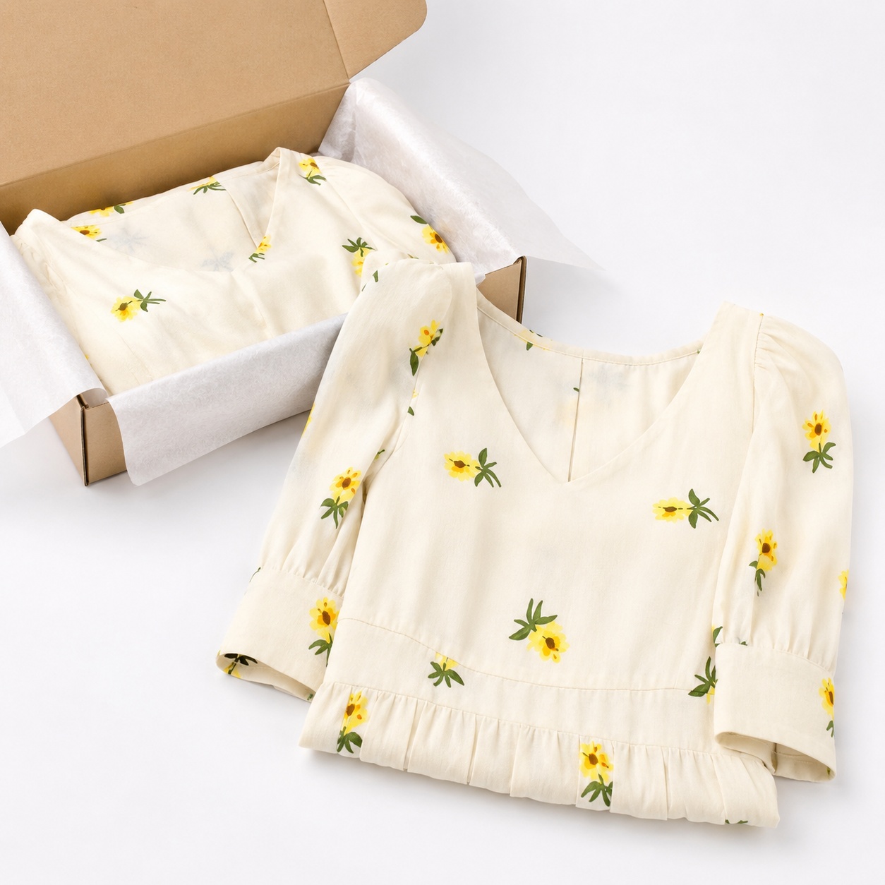 Folded packaging presentation of the same dress, created using ListingReady with realistic folds and the original colour, print, neckline, waistline, hemline and proportions preserved.