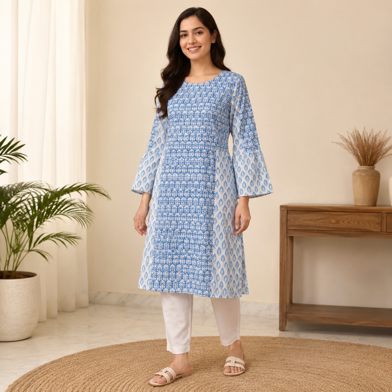 Lifestyle model wearing the same kurti or ethnic-wear garment, created using ListingReady while preserving the original colour, embroidery, neckline, sleeves, side slits and proportions.