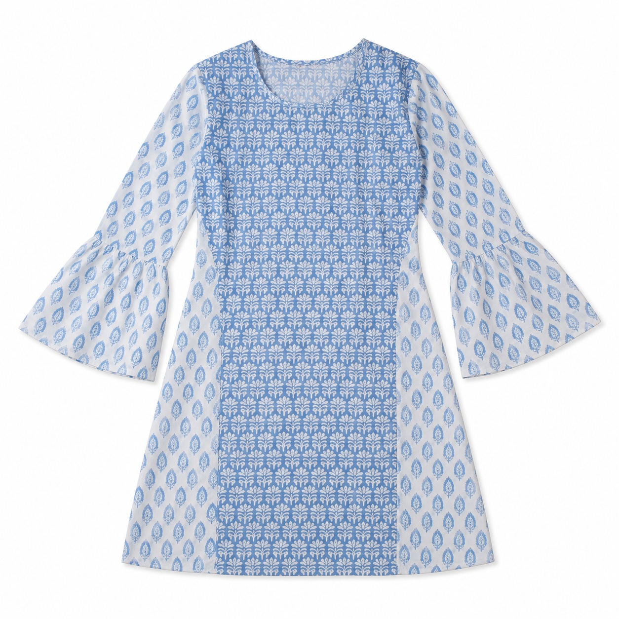 Top-down flat lay image of the same kurti or ethnic-wear garment, created using ListingReady with the full product visible and the original colour, embroidery, neckline, sleeves, side slits and proportions preserved.
