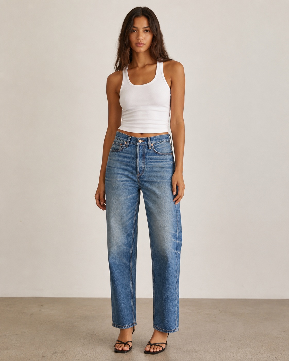 Fit / Leg Shape Demonstration Image result for the same jeans or pants, created using ListingReady while preserving the original wash, waistband, pockets, stitching, seams, hem and proportions.