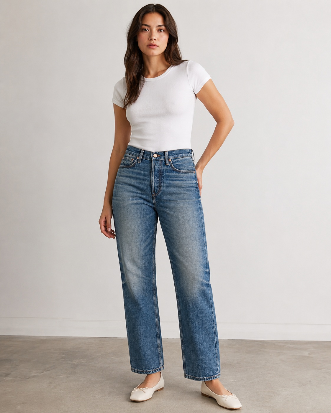 Fit-and-length demonstration image of the same jeans or pants on a model, created using ListingReady while preserving the original design and proportions.